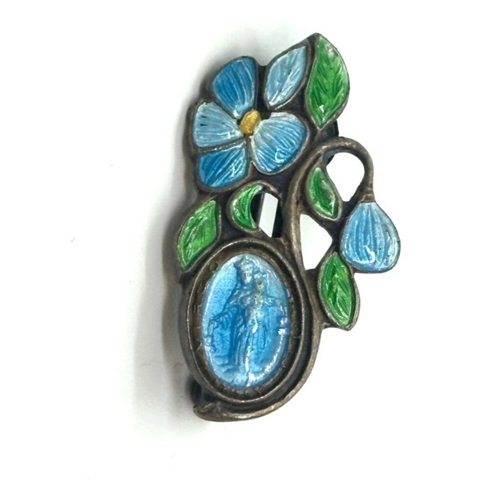 Miraculous medal blue enamel praying Mary Catholic blue flower brooch
